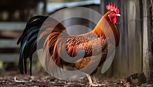 A majestic rooster stands in a green meadow, pecking for food generated by AI