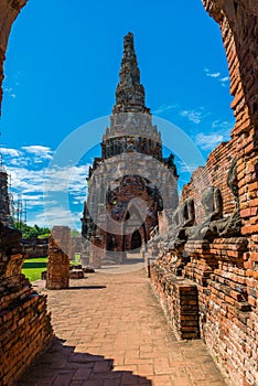 Majestic ruins of 1629 Wat Chai Watthanaram built by King Prasat Tong with its principal Prang (center) representing Mount