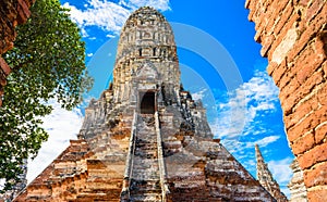 Majestic ruins of 1629 Wat Chai Watthanaram built by King Prasat Tong with its principal Prang (center) representing Mount