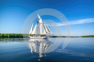 majestic sailboat gliding through calm waters, with clear blue skies and greenery in the background