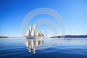 majestic sailboat gliding through calm waters, with clear blue skies and greenery in the background