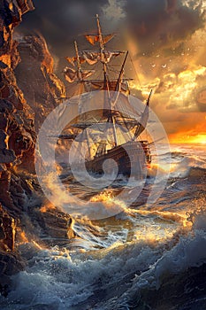 Majestic Sailing Ship Battling Through a Turbulent Ocean at Sunset, Dramatic Seascape with Waves Crashing on Rocky Cliff