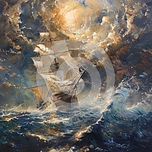 Majestic Sailing Ship in Turbulent Seas Depicting Adventure and Exploration photo