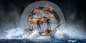 majestic sailing ship, a schooner, battles powerful waves and dark storm clouds in rough seas, capturing the drama and