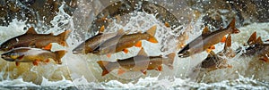 Majestic salmon run photorealistic ultra wide angle of fish leaping upstream in strobe lit scene
