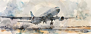 A majestic scene as a large airliner gracefully takes flight. Watercolor painting style