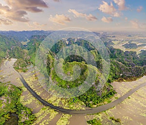 the majestic scenery on Ngo Dong river in Tam Coc Bich Dong view from drone in Ninh Binh province of Viet Nam