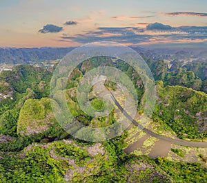 the majestic scenery on Ngo Dong river in Tam Coc Bich Dong view from drone in Ninh Binh province of Viet Nam