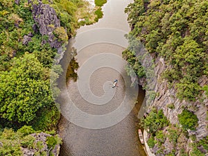 the majestic scenery on Ngo Dong river in Tam Coc Bich Dong view from drone in Ninh Binh province of Viet Nam