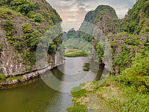 the majestic scenery on Ngo Dong river in Tam Coc Bich Dong view from drone in Ninh Binh province of Viet Nam