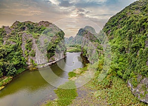 the majestic scenery on Ngo Dong river in Tam Coc Bich Dong view from drone in Ninh Binh province of Viet Nam