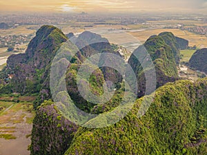 the majestic scenery on Ngo Dong river in Tam Coc Bich Dong view from drone in Ninh Binh province of Viet Nam