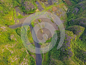 the majestic scenery on Ngo Dong river in Tam Coc Bich Dong view from drone in Ninh Binh province of Viet Nam