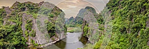the majestic scenery on Ngo Dong river in Tam Coc Bich Dong view from drone in Ninh Binh province of Viet Nam BANNER