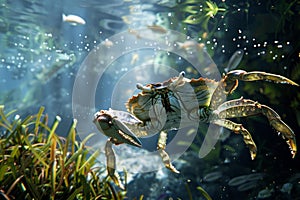 Majestic sea crab underwater among seagrass photo