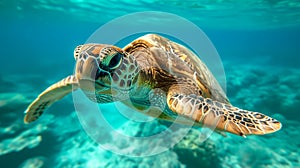 A majestic sea turtle glides through the clear blue waters of the ocean