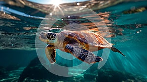 A majestic sea turtle navigates the underwater world, marine life. Generative AI