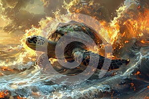 Majestic Sea Turtle Swimming Gracefully Against Fiery Ocean Sunset, Dramatic Seascape Digital Art