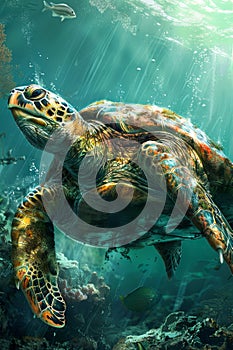 Majestic Sea Turtle Swimming Underwater with Sun Rays Penetrating the Ocean Depths, Marine Life Ecosystem Exploration, Aquatic