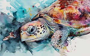 Majestic Sea Turtle Swimming, Watercolor Painting