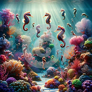Majestic Seahorses in Vibrant Coral Reef