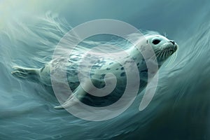 Majestic Seal Swimming Gracefully in Sunlit Underwater Scenery with Ethereal Oceanic Light Rays and Serene Marine Atmosphere