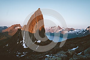 Majestic Segla mountain in Norway landscape Senja island midnight sun view rock peak and fjord view