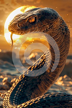 Majestic Serpent Against a Golden Sunset, Snake with Gleaming Scales Over Rocks and Sunlight Flares