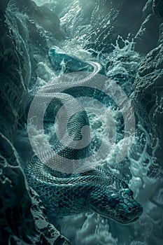 Majestic Serpent Gliding through Turbulent Waters with Sun Rays Penetrating the Depths Fantasy Sea Snake Illustration