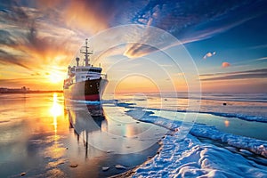 Majestic Ship Awaits on a Frozen Winter Lake A Serene Winter Wonderland photo