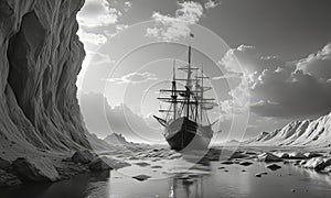majestic ship with multiple masts and sails is anchored in frozen landscape, with dramatic sky and towering photo