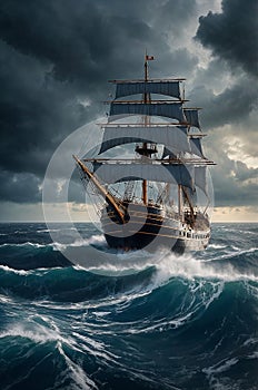 Majestic ship navigating turbulent seas under dramatic stormy skies photo
