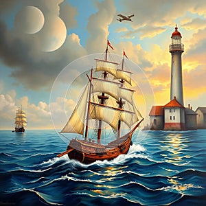 A majestic ship navigating the vibrant ocean waves as the sun sets. photo
