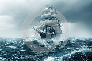 A majestic ship sailing through rough seas under a stormy sky, representing resilience and determination in photo