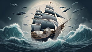 A majestic ship sails through a stormy sea under a full moon photo