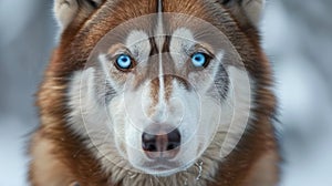 A majestic Siberian husky looks directly into the camera, its striking blue eyes radiating intelligence and strength