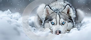 Majestic siberian husky puppy with mesmerizing blue eyes enjoying snowy adventures