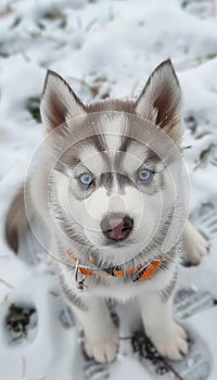 Majestic siberian husky puppy with stunning blue eyes in snowy wilderness exploration