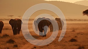 A group of wild African elephants marching through a dry savanna landscape created with Generative AI