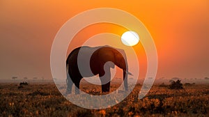 Majestic silhouette of an African elephant (Loxodonta africana) against a vibrant orange sunset sky