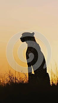 Majestic silhouette of a cheetah against the vibrant hues of a breathtaking sunset photo