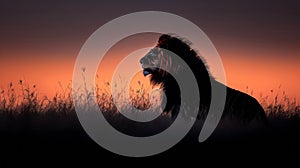 Majestic silhouette of a male lion (Panthera leo) standing tall and proud in a grassy savanna