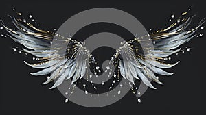 Majestic Silver and Gold Angel Wings Against Black Background. Generative Ai