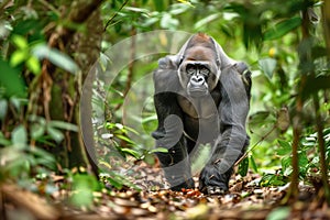 A majestic silverback gorilla leading his troop through the dense rainforest photo
