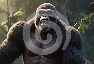 Majestic Silverback Gorilla Roaring in a Lush Forest at Twilight. A powerful silverback gorilla stands assertively