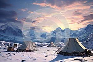 Majestic Snow camp tent mountains. Generate Ai