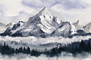 Majestic Snow-Capped Mountain Peak in a Misty Forest Landscape Illustration
