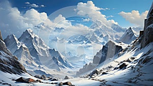 Majestic Snow-Capped Mountains Rise Above Cloud-Covered Valleys GenerativeAI