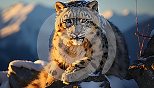 Majestic snow leopard, a beauty in nature, looking at camera generated by AI