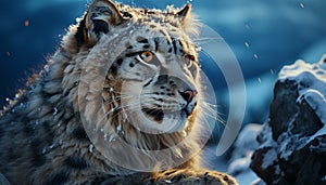 Majestic snow leopard, a beauty in nature, looking at camera generated by AI